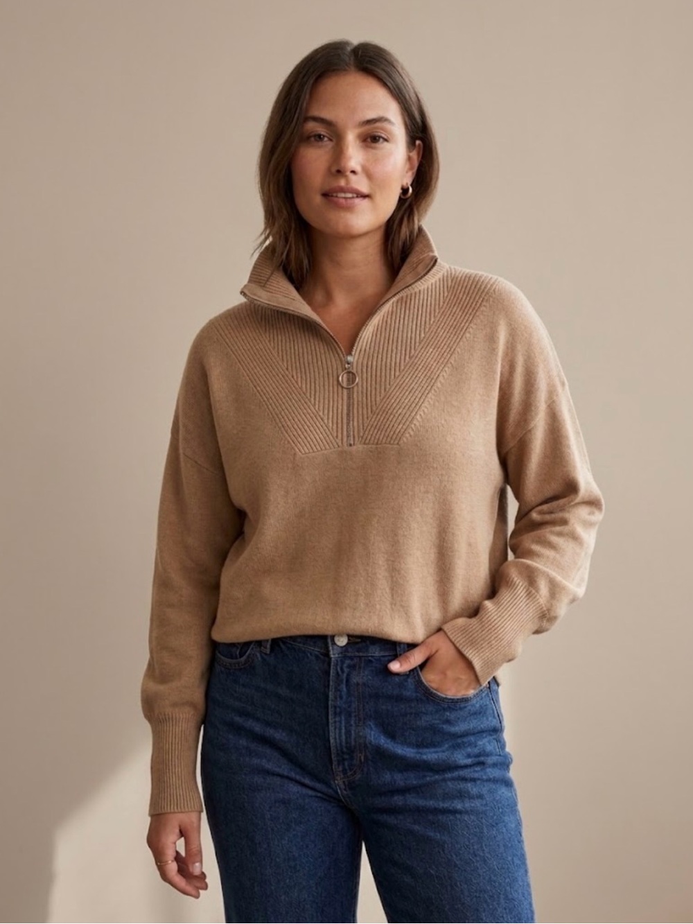 The Reset R Label Tan Cashmere Wool Half Zip Pullover Sweater Size M